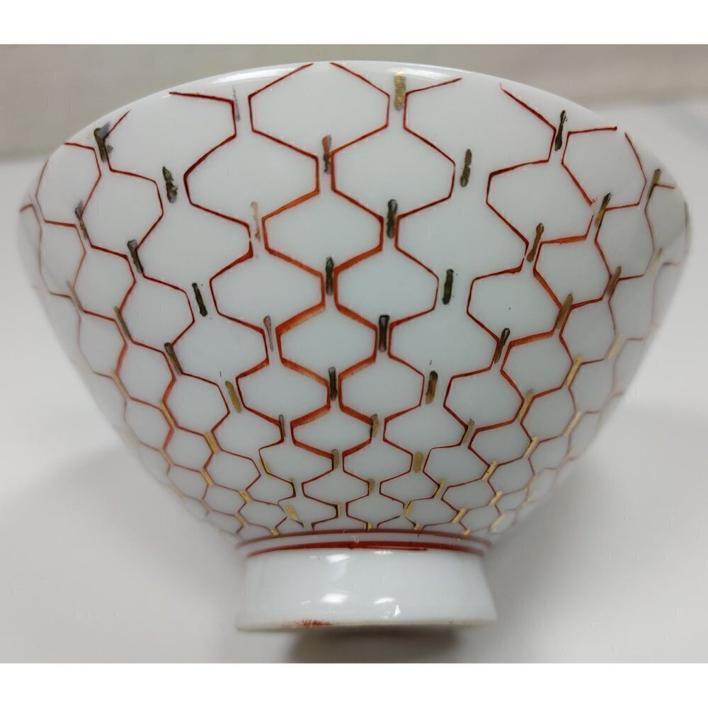 Japanese Porcelain Red White Geometric Pattern Footed Rice Bowl Set Of 3 - Picture 7 of 13